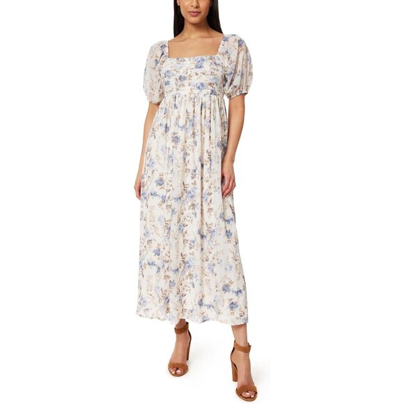 Women's Chiffon Maxi Dress Floral Pleated Bodice Puff Sleeve for Elegant Events - Picture 1 of 3